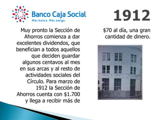 Muy pronto la Sección de
Ahorros comienza a dar
excelentes dividendos, que
benefician a todos aquellos
que deciden guardar
algunos centavos al mes
en sus arcas y al resto de
actividades sociales del
Círculo. Para marzo de
1912 la Sección de
Ahorros cuenta con $1.700
y llega a recibir más de
$70 al día, una gran
cantidad de dinero.
 