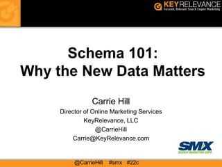Schema 101:
Why the New Data Matters
                Carrie Hill
     Director of Online Marketing Services
              KeyRelevance, LLC
                  @CarrieHill
         Carrie@KeyRelevance.com


          @CarrieHill   #smx #22c
 