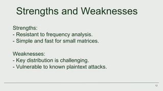 12
Strengths and Weaknesses
Strengths:
- Resistant to frequency analysis.
- Simple and fast for small matrices.
Weaknesses:
- Key distribution is challenging.
- Vulnerable to known plaintext attacks.
 