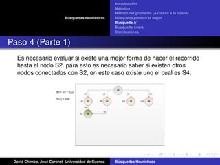 Búsquedas Heurísticas
Introducción
Métodos
Método del gradiente (Ascenso a la colina)
Búsqueda primero el mejor
Busqueda A*
Busqueda Avara
Conclusiones
Paso 4 (Parte 1)
Es necesario evaluar si existe una mejor forma de hacer el recorrido
hasta el nodo S2. para esto es necesario saber si existen otros
nodos conectados con S2, en este caso existe uno el cual es S4.
David Chimbo, José Coronel Universidad de Cuenca Búsquedas Heuristicas
 