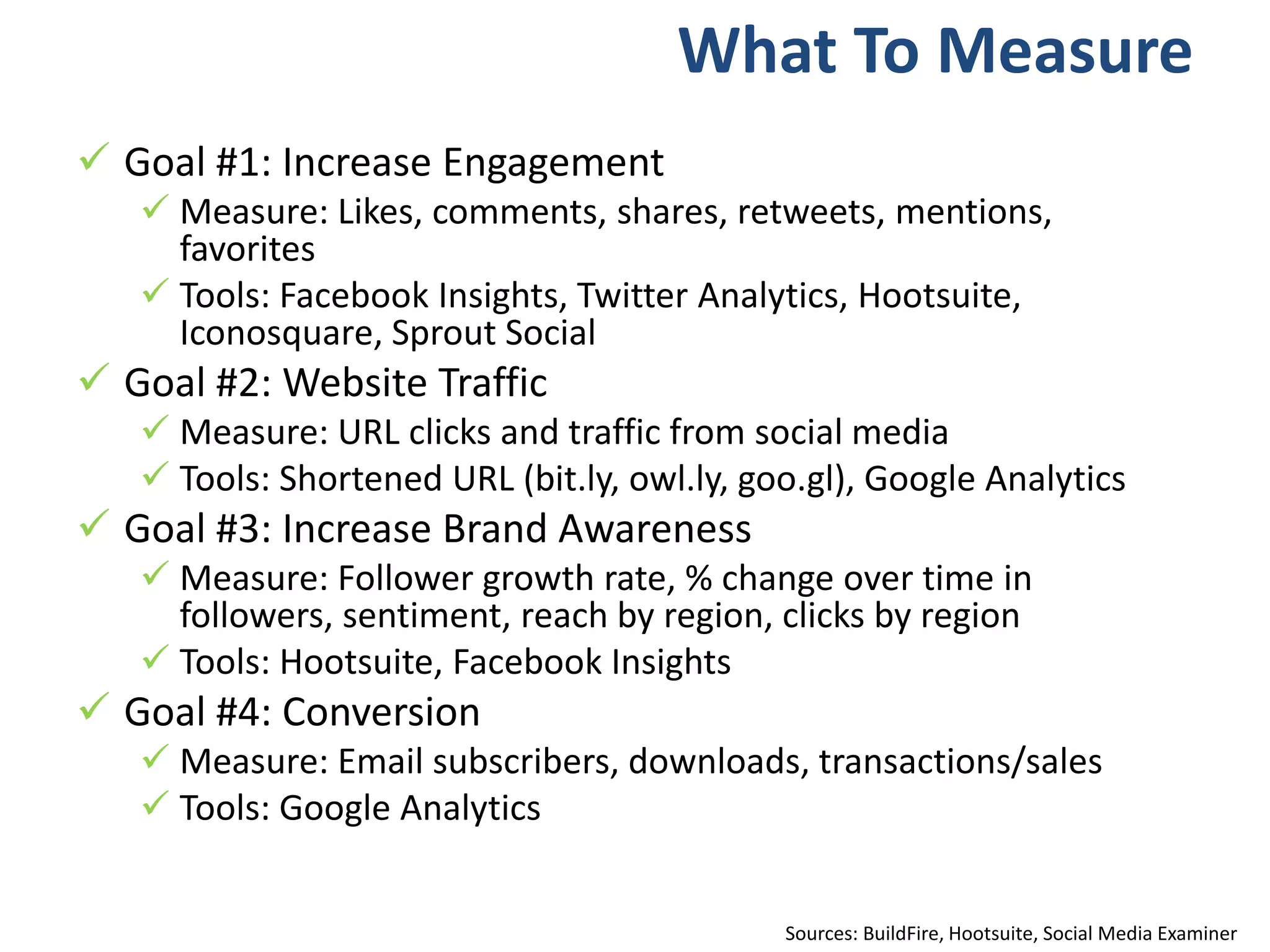  Goal #1: Increase Engagement
 Measure: Likes, comments, shares, retweets, mentions,
favorites
 Tools: Facebook Insights, Twitter Analytics, Hootsuite,
Iconosquare, Sprout Social
 Goal #2: Website Traffic
 Measure: URL clicks and traffic from social media
 Tools: Shortened URL (bit.ly, owl.ly, goo.gl), Google Analytics
 Goal #3: Increase Brand Awareness
 Measure: Follower growth rate, % change over time in
followers, sentiment, reach by region, clicks by region
 Tools: Hootsuite, Facebook Insights
 Goal #4: Conversion
 Measure: Email subscribers, downloads, transactions/sales
 Tools: Google Analytics
What To Measure
Sources: BuildFire, Hootsuite, Social Media Examiner
 