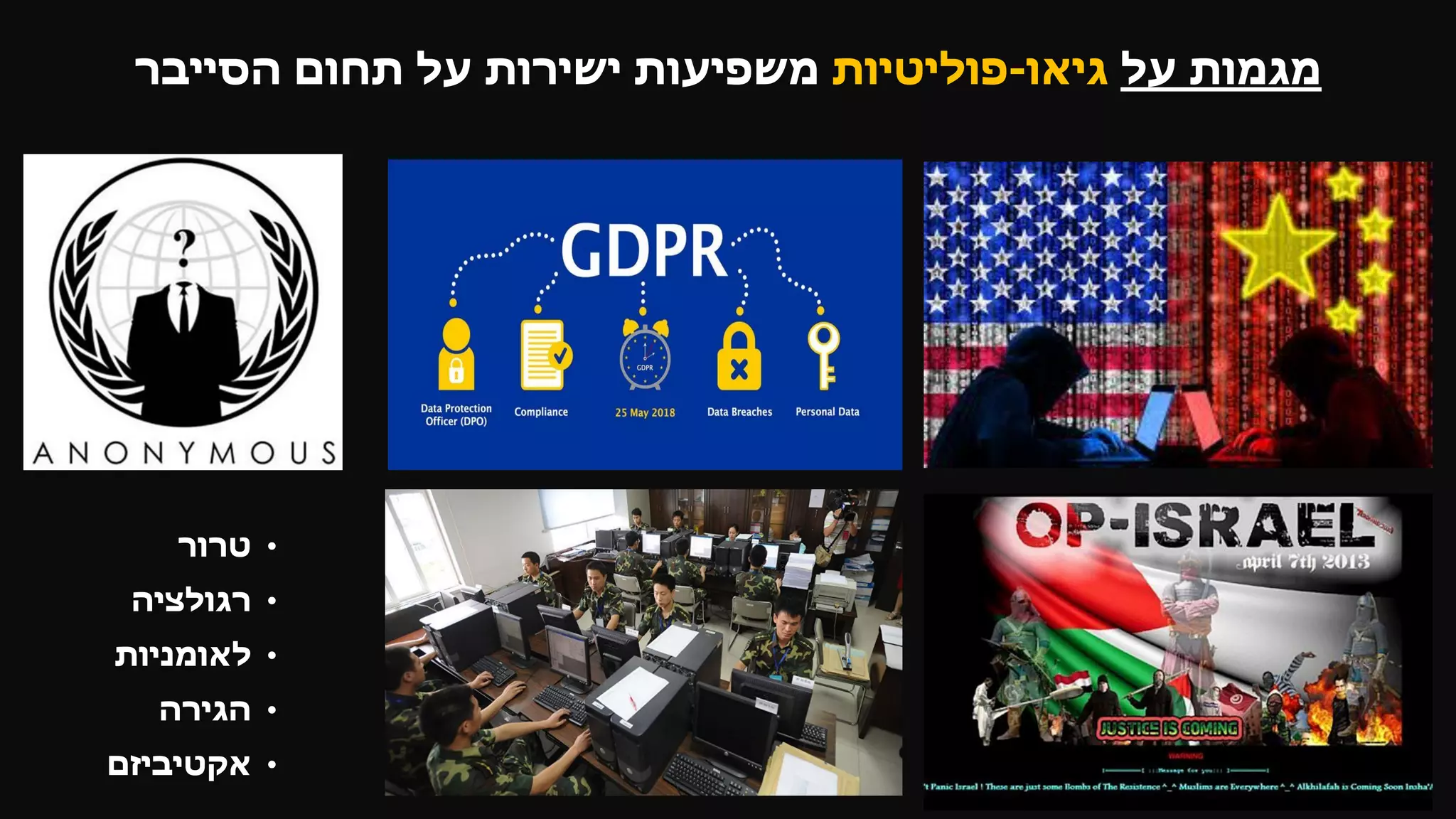 •‫טרור‬
•‫רגולציה‬
•‫לאומניות‬
•‫הגירה‬
•‫אקטיביזם‬
‫על‬ ‫מגמות‬‫גיאו‬-‫פוליטיות‬‫הסייבר‬ ‫תחום‬ ‫על‬ ‫ישירות‬ ‫משפיעות‬
 