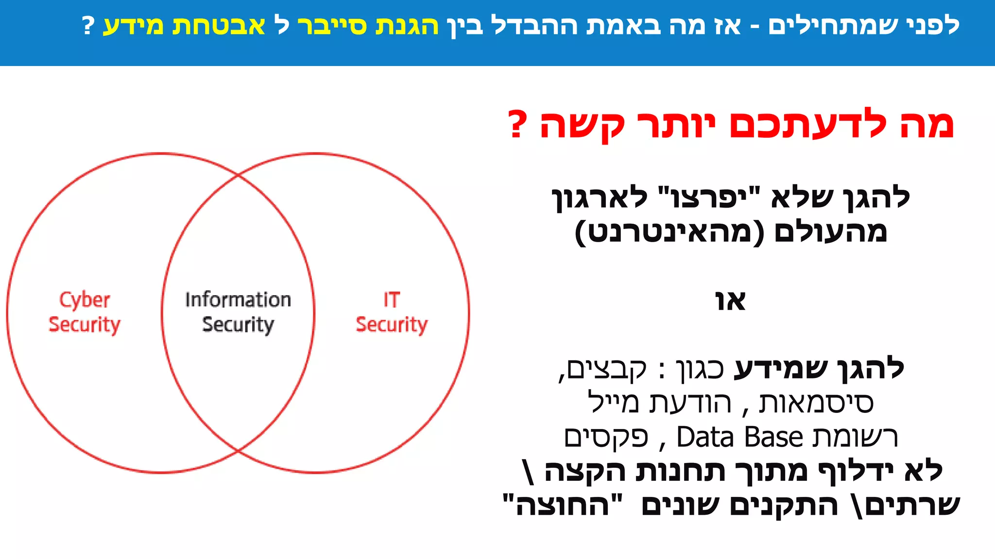 ‫שמתחילים‬ ‫לפני‬-‫בין‬ ‫ההבדל‬ ‫באמת‬ ‫מה‬ ‫אז‬‫סייבר‬ ‫הגנת‬‫ל‬‫מידע‬ ‫אבטחת‬?
‫קשה‬ ‫יותר‬ ‫לדעתכם‬ ‫מה‬?
‫שלא‬ ‫להגן‬"‫יפרצו‬"‫לארגון‬
‫מהעולם‬(‫מהאינטרנט‬)
‫או‬
‫שמידע‬ ‫להגן‬‫כגון‬:‫קבצים‬,
‫סיסמאות‬,‫מייל‬ ‫הודעת‬
‫רשומת‬Data Base,‫פקסים‬
‫הקצה‬ ‫תחנות‬ ‫מתוך‬ ‫ידלוף‬ ‫לא‬
‫שרתים‬‫שונים‬ ‫התקנים‬"‫החוצה‬"
 