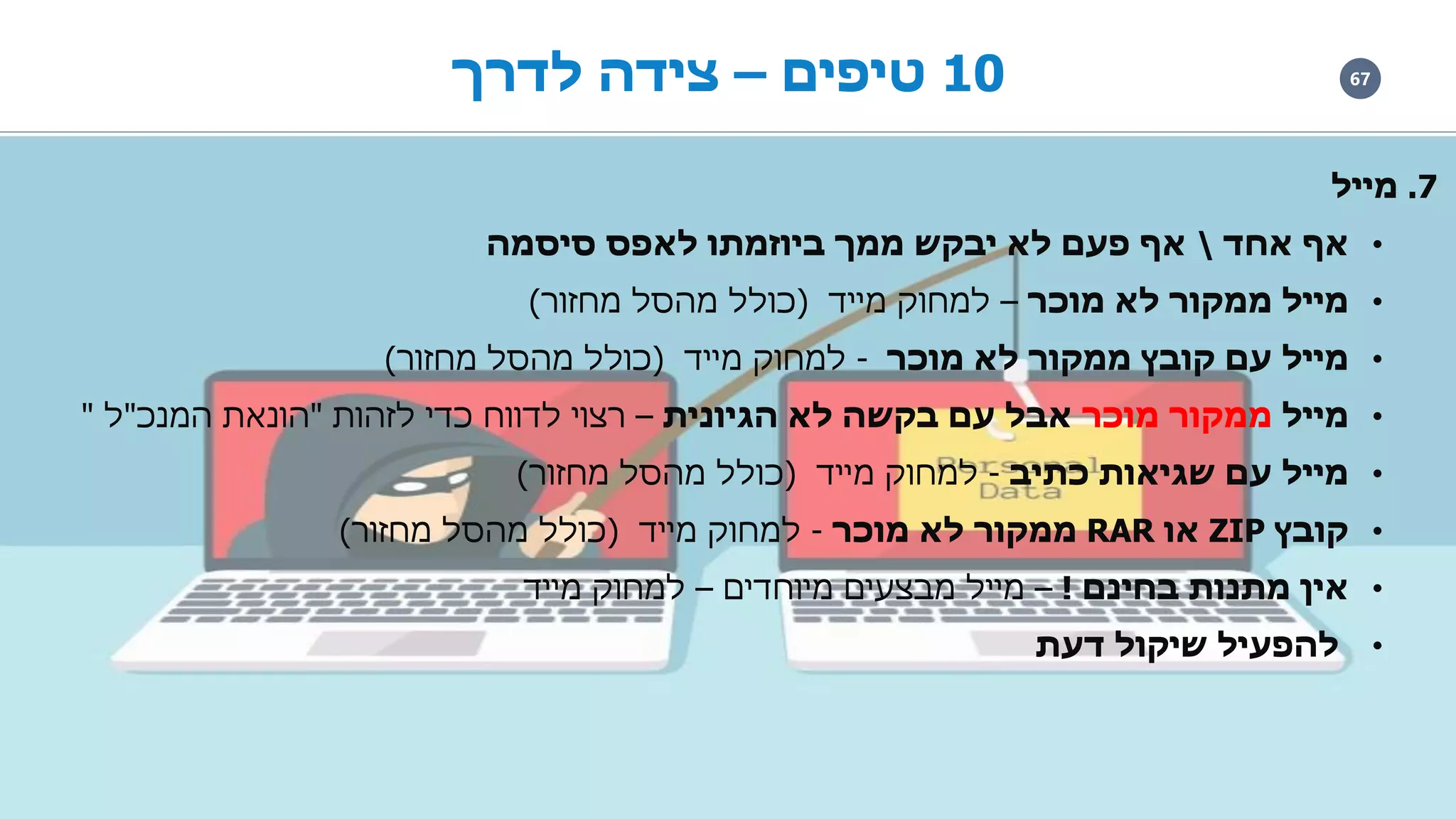 6710‫טיפים‬–‫לדרך‬ ‫צידה‬
7.‫מייל‬
•‫אחד‬ ‫אף‬‫סיסמה‬ ‫לאפס‬ ‫ביוזמתו‬ ‫ממך‬ ‫יבקש‬ ‫לא‬ ‫פעם‬ ‫אף‬
•‫מוכר‬ ‫לא‬ ‫ממקור‬ ‫מייל‬–‫מייד‬ ‫למחוק‬(‫מחזור‬ ‫מהסל‬ ‫כולל‬)
•‫מוכר‬ ‫לא‬ ‫ממקור‬ ‫קובץ‬ ‫עם‬ ‫מייל‬-‫מייד‬ ‫למחוק‬(‫מחזור‬ ‫מהסל‬ ‫כולל‬)
•‫מייל‬‫מוכר‬ ‫ממקור‬‫הגיונית‬ ‫לא‬ ‫בקשה‬ ‫עם‬ ‫אבל‬–‫לזהות‬ ‫כדי‬ ‫לדווח‬ ‫רצוי‬"‫המנכ‬ ‫הונאת‬"‫ל‬"
•‫כתיב‬ ‫שגיאות‬ ‫עם‬ ‫מייל‬-‫מייד‬ ‫למחוק‬(‫מחזור‬ ‫מהסל‬ ‫כולל‬)
•‫קובץ‬ZIP‫או‬RAR‫מוכר‬ ‫לא‬ ‫ממקור‬-‫מייד‬ ‫למחוק‬(‫מחזור‬ ‫מהסל‬ ‫כולל‬)
•‫בחינם‬ ‫מתנות‬ ‫אין‬!–‫מיוחדים‬ ‫מבצעים‬ ‫מייל‬–‫מייד‬ ‫למחוק‬
•‫דעת‬ ‫שיקול‬ ‫להפעיל‬
 