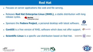 ● Focuses on server applications like web and file serving.
● Releases Red Hat Enterprise Linux (RHEL), a stable distribution with long
release cycles.
● Sponsors the Fedora Project, a personal desktop with latest software.
● CentOS is a free version of RHEL software which does not offer support.
● Scientific Linux is a specific use distribution based on Red Hat.
Red Hat
 