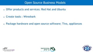 ● Offer products and services: Red Hat and Ubuntu
● Create tools : Wireshark
● Package hardware and open source software; Tivo, appliances
Open Source Business Models
 