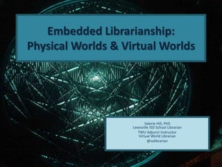 Embedded Librarianship:
Physical Worlds & Virtual Worlds
Valerie Hill, PhD
Lewisville ISD School Librarian
TWU Adjunct Instructor
Virtual World Librarian
@valibrarian
 