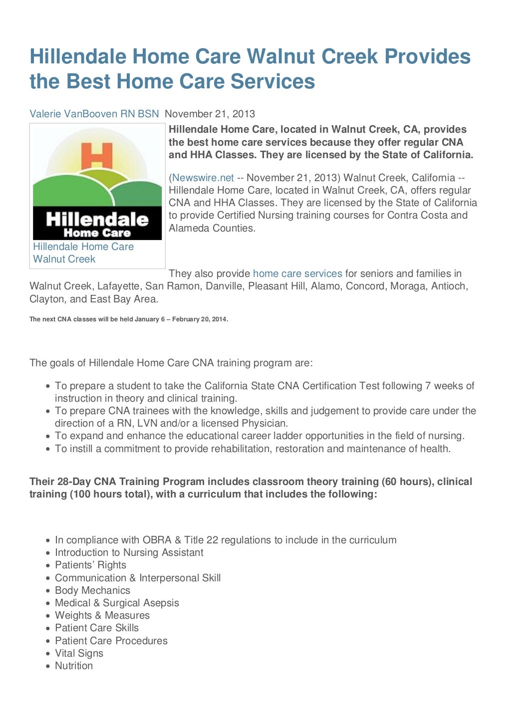 Home Care Walnut Creek CA Hillendale Home Care Services