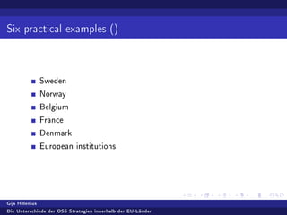 Six practical examples ()
Sweden
Norway
Belgium
France
Denmark
European institutions
Gijs Hillenius
Die Unterschiede der OSS Strategien innerhalb der EU-Länder
 