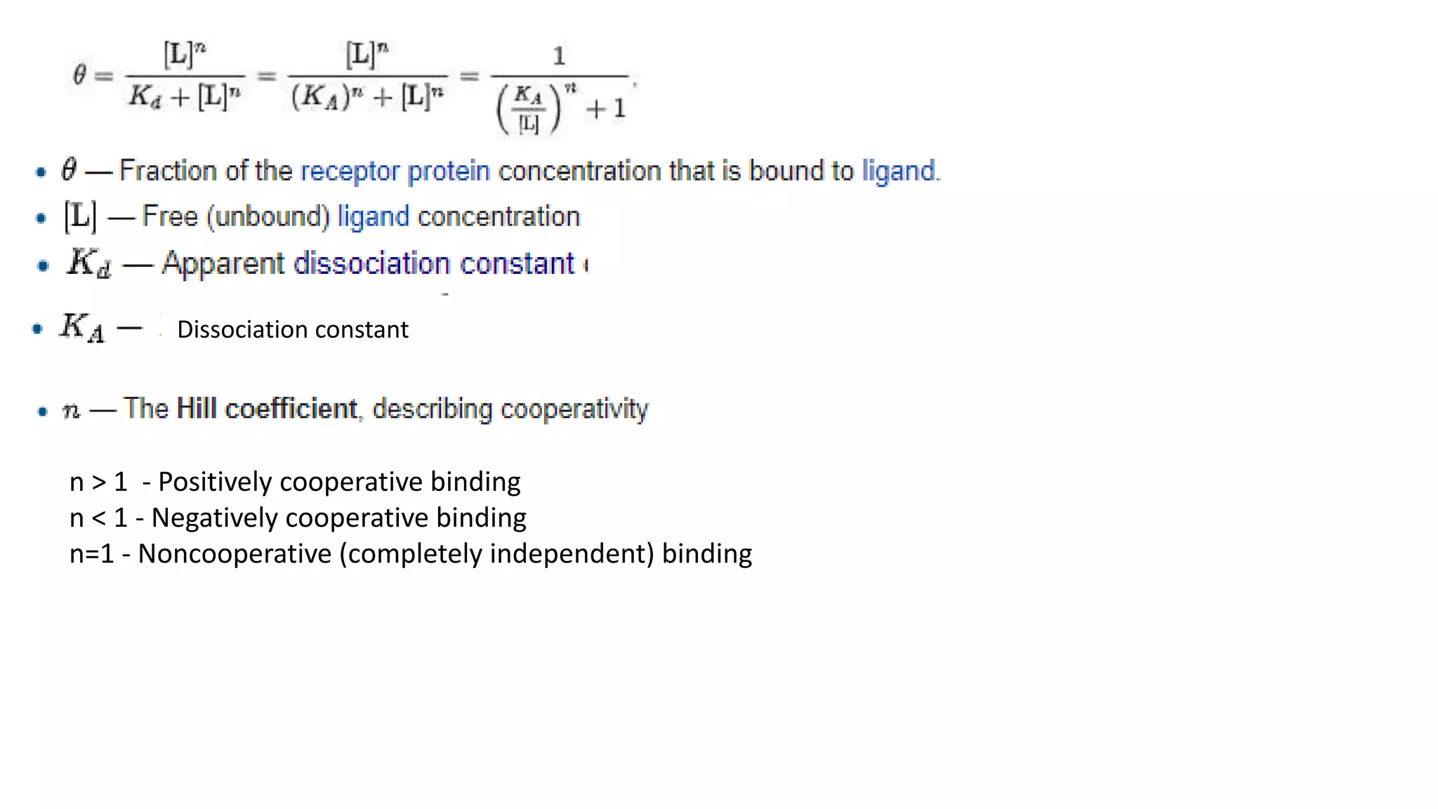 Dissociation constant
n > 1 - Positively cooperative binding
n < 1 - Negatively cooperative binding
n=1 - Noncooperative (completely independent) binding
 