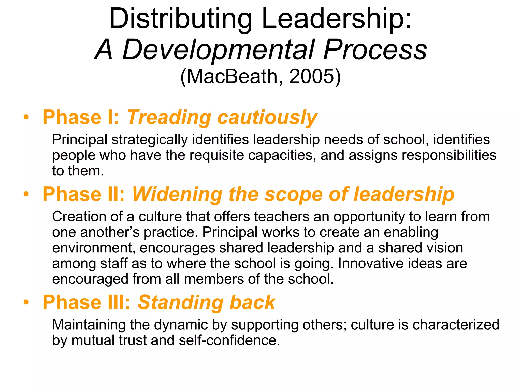 Distributing Leadership:
A Developmental Process
(MacBeath, 2005)
• Phase I: Treading cautiously
Principal strategically identifies leadership needs of school, identifies
people who have the requisite capacities, and assigns responsibilities
to them.
• Phase II: Widening the scope of leadership
Creation of a culture that offers teachers an opportunity to learn from
one another’s practice. Principal works to create an enabling
environment, encourages shared leadership and a shared vision
among staff as to where the school is going. Innovative ideas are
encouraged from all members of the school.
• Phase III: Standing back
Maintaining the dynamic by supporting others; culture is characterized
by mutual trust and self-confidence.
 