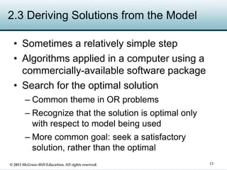 © 2015 McGraw-Hill Education. All rights reserved.
2.3 Deriving Solutions from the Model
• Sometimes a relatively simple step
• Algorithms applied in a computer using a
commercially-available software package
• Search for the optimal solution
– Common theme in OR problems
– Recognize that the solution is optimal only
with respect to model being used
– More common goal: seek a satisfactory
solution, rather than the optimal
13
 