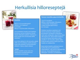 Herkullisia hilloreseptejä
                                               Teresan mansikka-piparminttuhillo
Kesähillo                                      1 kg (2 l) mansikoita
                                               500 g (n. 6 dl) Dansukker Hillosokeria
250 g (n. 0,5 l) punaherukoita*                1 rkl Dansukker Vaniljasokeria
750 g (n. 1,5 l) vadelmia*                     2 oksaa tuoretta piparminttua
0,5 dl vettä                                   0,5-1 dl vettä
500 g (n. 6 dl) Dansukker Hillosokeria
                                               Puhdista mansikat ja paloittele niitä
Laita puhdistetut marjat ja vesi kattilaan.    hieman halutessasi. Kaada kattilaan
Kuumenna, kunnes muodostuu höyryä.             kerroksittain mansikoita ja hillosokeria.
Sekoita Hillosokeri joukkoon. Kiehauta ja      Lisää myös vaniljasokeri, piparmintun oksat
keitä marjoja noin 10 minuuttia välillä        sekä lopuksi vesi. Nosta kattila liedelle ja
sekoittaen.                                    kuumenna hitaasti kiehuvaksi ja keitä
                                               poreillen 5–10 minuuttia, sekoita välillä.
Anna hillon jäähtyä 15-30 minuuttia, sekoita   Kerää pinnalle syntynyt vaahto pois isolla
välillä. Kuori tarvittaessa vaahto pinnalta.   lusikalla tai reikäkauhalla.
Kaada hillo puhtaisiin, kuumennettuihin
tölkkeihin. Sulje ja säilytä viileässä.        Nosta kattila liedeltä ja jäähdytä hieman.
                                               Purkita hillo hyvin puhdistettuihin
*Vinkki!                                       hillopurkkeihin, sulje purkit ja jäähdytä hillo
Maukas kesähillo syntyy myös mm.               kokonaan. Nosta jäähtyneet purkit
vadelmista ja mustaherukoista tai              jääkaappiin, kylmiöön tai hillokellariin.
mansikoista ja karviaisista.
 