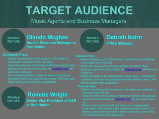 Music Agents and Business Managers
TARGET AUDIENCE
Olando Mcghee
Outreach Plan:
• Before reaching out to this person, i will obtain my
certificate in business from Full Sail.
• Email will serve as my primary method of contact. Also
gaining access to communicate via LinkedIn.com will
serve as a back-up.
• As a business student, i seek to learn and practice
strategies that i can execute right away. This may take
place during classes or after graduation.
PROFILE
PICTURE Human Resource Manager at
Roc Nation
Debrah Nairn
Outreach Plan:
• Before reaching out to this person, i will obtain my certificate
in business from Full Sail.
• Email will serve as my primary method of contact. Also
gaining access to communicate via LinkedIn.com will serve as
a back-up.
• Being an owner of an independent music label, i understand
business concepts and practices that will benefit a team. This
will take place after graduation.
PROFILE
PICTURE
Office Manager
Ronette Wright
Outreach Plan:
• Before reaching out to this person, i will obtain my certificate in
business from Full Sail.
• Email will serve as my primary method of contact. Also gaining
access to communicate via LinkedIn.com will serve as a back-
up.
• Being a music artist myself and owner of an independent
music label, i will create a video explaining what to look for in
finding a good artist and what it takes to become a great artist.
This will take place after graduation.
PROFILE
PICTURE Senior Vice President of A&R
at Roc Nation
 