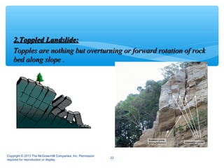 2.Toppled Landslide:2.Toppled Landslide:
Topples are nothing but overturning or forward rotation of rockTopples are nothing but overturning or forward rotation of rock
bed along slope .bed along slope .
Copyright © 2013 The McGraw-Hill Companies, Inc. Permission
required for reproduction or display.
22
 