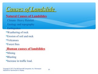 Natural Causes of Landslides
Climate- Heavy Rainfall.
Geology and topography
Earthquakes
Weathering of rock
Erosion of soil and rock
Volcanoes
Forest fires
Human causes of landslides
Mining
Blasting
Increase in traffic load.
Causes of LandslideCauses of Landslide
Copyright © 2013 The McGraw-Hill Companies, Inc. Permission
required for reproduction or display.
25
 