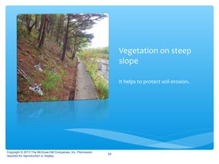 Vegetation on steep
slope
It helps to protect soil erosion.
Copyright © 2013 The McGraw-Hill Companies, Inc. Permission
required for reproduction or display.
29
 