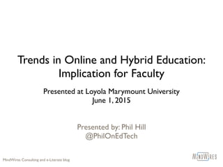 Trends in Online and Hybrid Education:
Implication for Faculty
Presented at Loyola Marymount University
June 1, 2015
Presented by: Phil Hill
@PhilOnEdTech
MindWires Consulting and e-Literate blog
 
