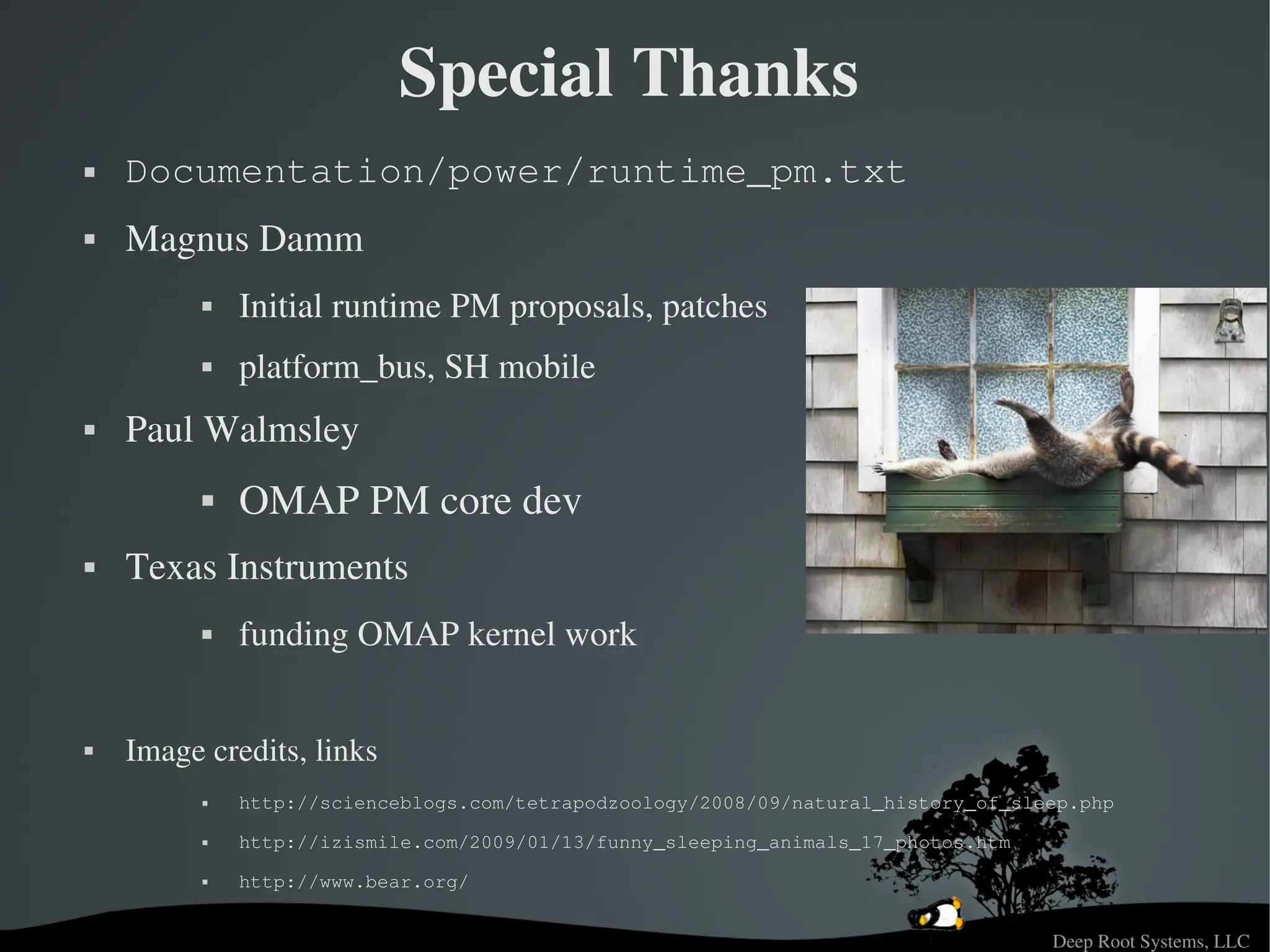 Deep Root Systems, LLC
Special Thanks
 Documentation/power/runtime_pm.txt
 Magnus Damm
 Initial runtime PM proposals, patches
 platform_bus, SH mobile
 Paul Walmsley
 OMAP PM core dev
 Texas Instruments
 funding OMAP kernel work
 Image credits, links
 http://scienceblogs.com/tetrapodzoology/2008/09/natural_history_of_sleep.php
 http://izismile.com/2009/01/13/funny_sleeping_animals_17_photos.htm
 http://www.bear.org/
 