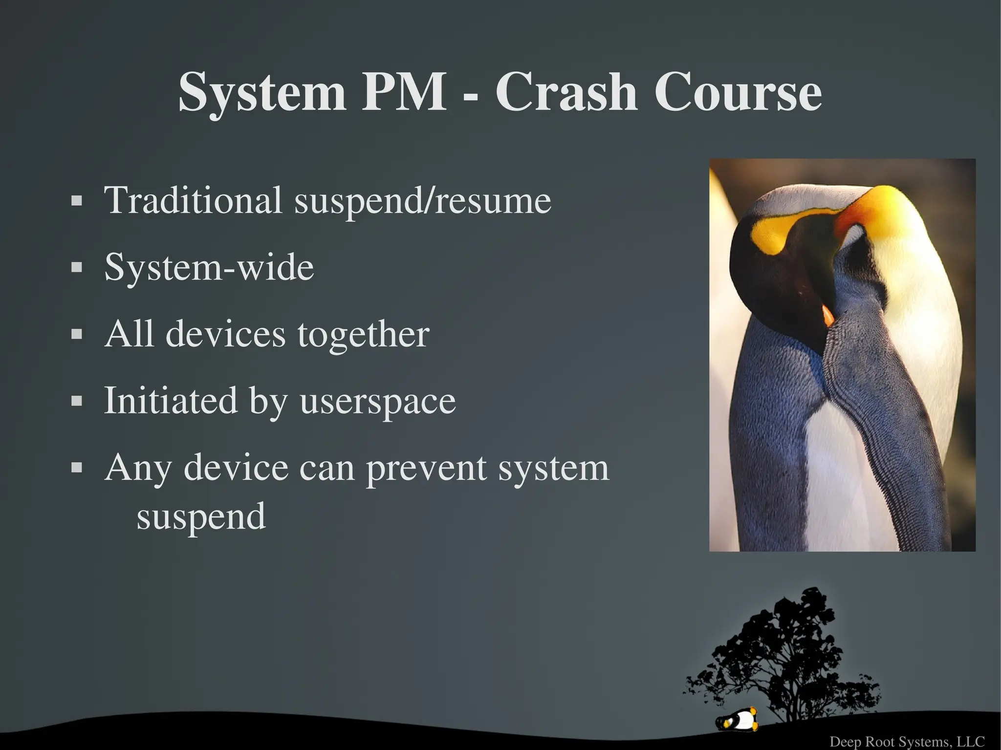 Deep Root Systems, LLC
System PM ­ Crash Course
 Traditional suspend/resume
 System­wide
 All devices together
 Initiated by userspace
 Any device can prevent system
suspend
 