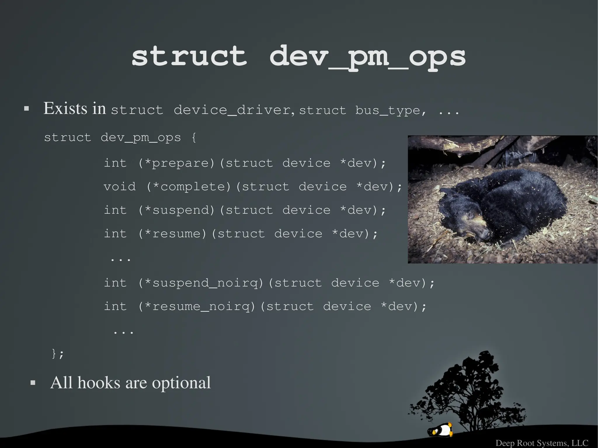 Deep Root Systems, LLC
struct dev_pm_ops
 Exists in struct device_driver, struct bus_type, ...
struct dev_pm_ops {
int (*prepare)(struct device *dev);
void (*complete)(struct device *dev);
int (*suspend)(struct device *dev);
int (*resume)(struct device *dev);
...
int (*suspend_noirq)(struct device *dev);
int (*resume_noirq)(struct device *dev);
...
};
 All hooks are optional
 