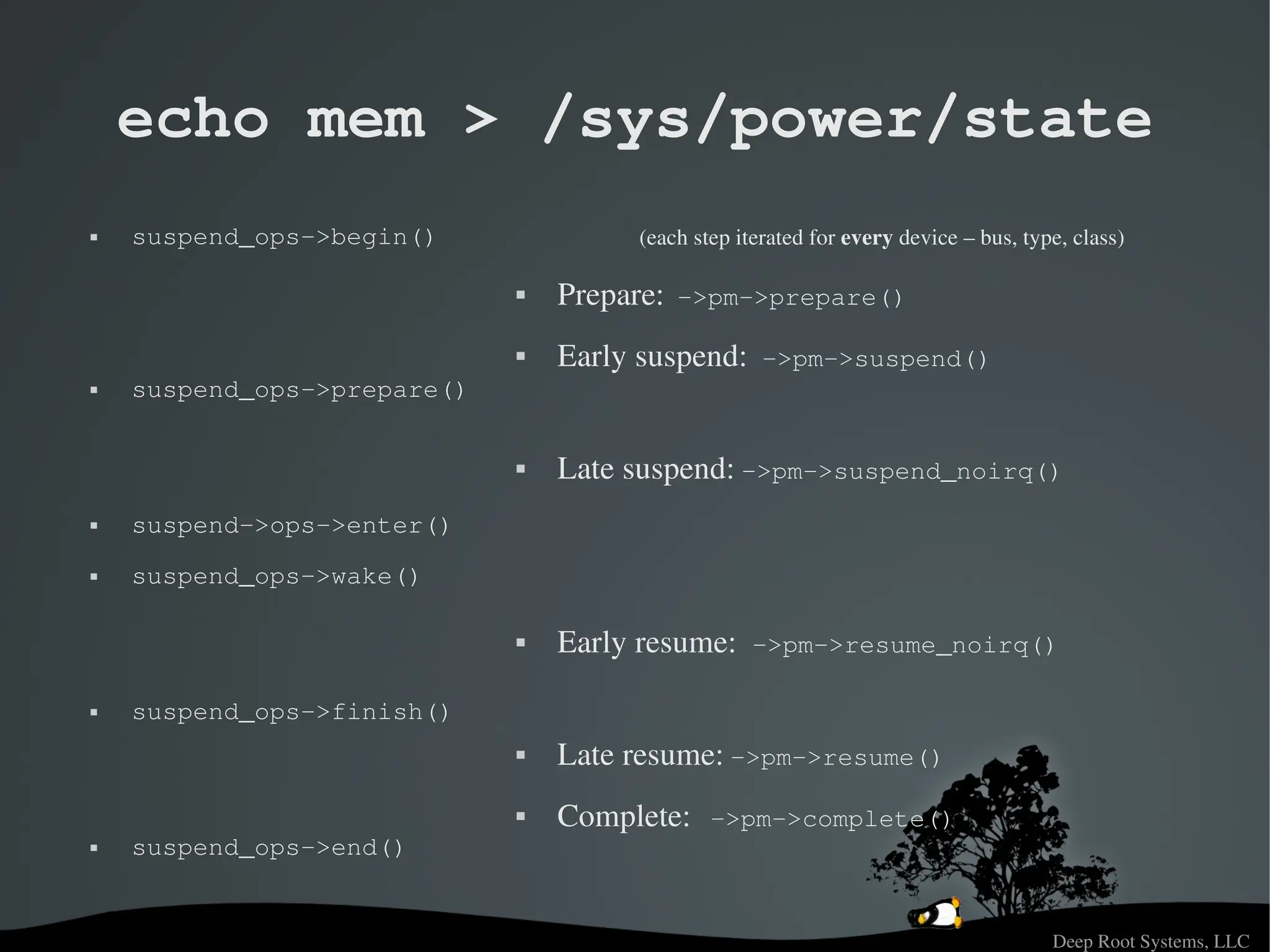 Deep Root Systems, LLC
echo mem > /sys/power/state
 suspend_ops­>begin()
 suspend_ops­>prepare()
 suspend­>ops­>enter()
 suspend_ops­>wake()
 suspend_ops­>finish()
 suspend_ops­>end()
(each step iterated for every device – bus, type, class)
 Prepare: ­>pm­>prepare()
 Early suspend: ­>pm­>suspend()
 Late suspend: ­>pm­>suspend_noirq()
 Early resume: ­>pm­>resume_noirq()
 Late resume: ­>pm­>resume()
 Complete: ­>pm­>complete()
 