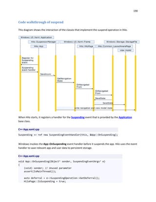 190
Code walkthrough of suspend
This diagram shows the interaction of the classes that implement the suspend operation in Hilo.
When Hilo starts, it registers a handler for the Suspending event that is provided by the Application
base class.
C++ App.xaml.cpp
Suspending += ref new SuspendingEventHandler(this, &App::OnSuspending);
Windows invokes the App::OnSuspending event handler before it suspends the app. Hilo uses the event
handler to save relevant app and user data to persistent storage.
C++ App.xaml.cpp
void App::OnSuspending(Object^ sender, SuspendingEventArgs^ e)
{
(void) sender; // Unused parameter
assert(IsMainThread());
auto deferral = e->SuspendingOperation->GetDeferral();
HiloPage::IsSuspending = true;
 