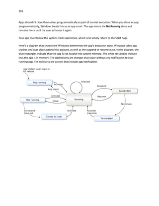 201
Apps shouldn't close themselves programmatically as part of normal execution. When you close an app
programmatically, Windows treats this as an app crash. The app enters the NotRunning state and
remains there until the user activates it again.
Your app must follow the system crash experience, which is to simply return to the Start Page.
Here’s a diagram that shows how Windows determines the app’s execution state. Windows takes app
crashes and user close actions into account, as well as the suspend or resume state. In the diagram, the
blue rectangles indicate that the app is not loaded into system memory. The white rectangles indicate
that the app is in memory. The dashed arcs are changes that occur without any notification to your
running app. The solid arcs are actions that include app notification.
 