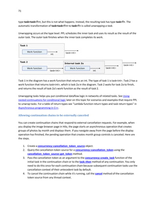 71
type task<task<T>>, but this is not what happens. Instead, the resulting task has type task<T>. The
automatic transformation of task<task<T>> to task<T> is called unwrapping a task.
Unwrapping occurs at the type level. PPL schedules the inner task and uses its result as the result of the
outer task. The outer task finishes when the inner task completes its work.
Task 1 in the diagram has a work function that returns an int. The type of task 1 is task<int>. Task 2 has a
work function that returns task<int>, which is task 2a in the diagram. Task 2 waits for task 2a to finish,
and returns the result of task 2a's work function as the result of task 2.
Unwrapping tasks helps you put conditional dataflow logic in networks of related tasks. See Using
nested continuations for conditional logic later on this topic for scenarios and examples that require PPL
to unwrap tasks. For a table of return types see "Lambda function return types and task return types" in
Asynchronous programming in C++.
Allowing continuation chains to be externally canceled
You can create continuation chains that respond to external cancellation requests. For example, when
you display the image browser page in Hilo, the page starts an asynchronous operation that creates
groups of photos by month and displays them. If you navigate away from the page before the display
operation has finished, the pending operation that creates month group controls is canceled. Here are
the steps.
1. Create a concurrency::cancellation_token_source object.
2. Query the cancellation token source for a concurrency::cancellation_token using the
cancellation_token_source::get_token method.
3. Pass the cancellation token as an argument to the concurrency::create_task function of the
initial task in the continuation chain or to the task::then method of any continuation. You only
need to do this once for each continuation chain because subsequent continuation tasks use the
cancellation context of their antecedent task by default.
4. To cancel the continuation chain while it's running, call the cancel method of the cancellation
token source from any thread context.
 