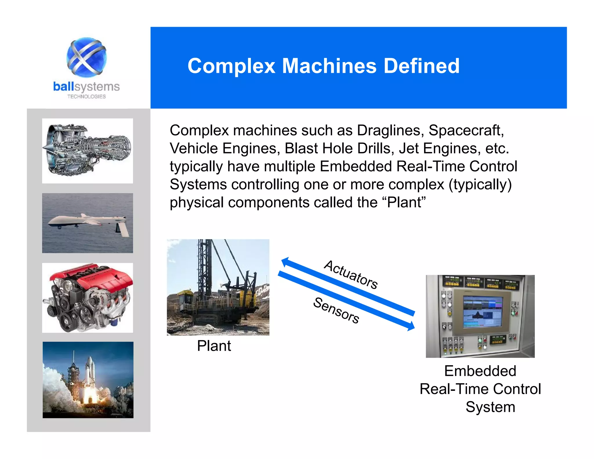 Complex Machines Defined
Plant
Embedded
Real-Time Control
System
Complex machines such as Draglines, Spacecraft,
Vehicle Engines, Blast Hole Drills, Jet Engines, etc.
typically have multiple Embedded Real-Time Control
Systems controlling one or more complex (typically)
physical components called the “Plant”
 