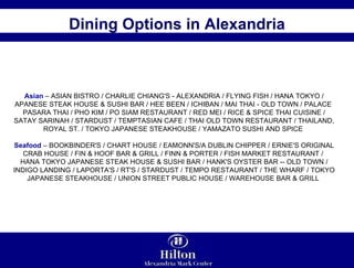 Dining Options in Alexandria Asian  – ASIAN BISTRO / CHARLIE CHIANG'S - ALEXANDRIA / FLYING FISH / HANA TOKYO / APANESE STEAK HOUSE & SUSHI BAR / HEE BEEN / ICHIBAN / MAI THAI - OLD TOWN / PALACE  PASARA THAI / PHO KIM / PO SIAM RESTAURANT / RED MEI / RICE & SPICE THAI CUISINE / SATAY SARINAH / STARDUST / TEMPTASIAN CAFE / THAI OLD TOWN RESTAURANT / THAILAND, ROYAL ST. / TOKYO JAPANESE STEAKHOUSE / YAMAZATO SUSHI AND SPICE  Seafood  – BOOKBINDER'S / CHART HOUSE / EAMONN'S/A DUBLIN CHIPPER / ERNIE'S ORIGINAL CRAB HOUSE / FIN & HOOF BAR & GRILL / FINN & PORTER / FISH MARKET RESTAURANT /  HANA TOKYO JAPANESE STEAK HOUSE & SUSHI BAR / HANK'S OYSTER BAR -- OLD TOWN / INDIGO LANDING / LAPORTA'S / RT'S / STARDUST / TEMPO RESTAURANT / THE WHARF / TOKYO JAPANESE STEAKHOUSE / UNION STREET PUBLIC HOUSE / WAREHOUSE BAR & GRILL  