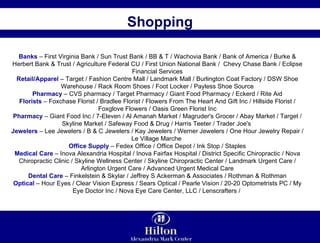 Shopping Banks  – First Virginia Bank / Sun Trust Bank / BB & T / Wachovia Bank / Bank of America / Burke & Herbert Bank & Trust / Agriculture Federal CU / First Union National Bank /  Chevy Chase Bank / Eclipse Financial Services Retail/Apparel  – Target / Fashion Centre Mall / Landmark Mall / Burlington Coat Factory / DSW Shoe Warehouse / Rack Room Shoes / Foot Locker / Payless Shoe Source Pharmacy  – CVS pharmacy / Target Pharmacy / Giant Food Pharmacy / Eckerd / Rite Aid Florists  – Foxchase Florist / Bradlee Florist / Flowers From The Heart And Gift Inc / Hillside Florist / Foxglove Flowers / Oasis Green Florist Inc Pharmacy  – Giant Food Inc / 7-Eleven / Al Amanah Market / Magruder's Grocer / Abay Market / Target / Skyline Market / Safeway Food & Drug / Harris Teeter / Trader Joe's  Jewelers  – Lee Jewelers / B & C Jewelers / Kay Jewelers / Werner Jewelers / One Hour Jewelry Repair / Le Village Marche  Office Supply  – Fedex Office / Office Depot / Ink Stop / Staples Medical Care  – Inova Alexandria Hospital / Inova Fairfax Hospital / District Specific Chiropractic / Nova Chiropractic Clinic / Skyline Wellness Center / Skyline Chiropractic Center / Landmark Urgent Care / Arlington Urgent Care / Advanced Urgent Medical Care Dental Care  – Finkelstein & Skylar / Jeffrey S Ackerman & Associates / Rothman & Rothman Optical  – Hour Eyes / Clear Vision Express / Sears Optical / Pearle Vision / 20-20 Optometrists PC / My Eye Doctor Inc / Nova Eye Care Center, LLC / Lenscrafters /  