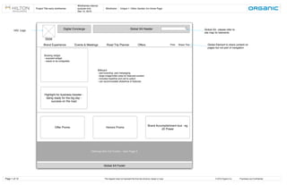 Project Title early wireframes

Wireframes internal
purpose only
Dec 15, 2010

Wireframe:

Unique 1: Hilton Garden Inn Home Page

Digital Concierge

HGI Logo

Global XA Header

Global XA - please refer to
site map for elements

Home

Brand Experience

Events & Meetings

Road Trip Planner

Offers

Print

Share This

Global Element to share content on
pages but not part of navigation

Booking widget
- exposed widget
- needs to be collapsible

Billboard
- part branding. part messaging
- large image/video area for featured content
- includes headline and call to action
- can accommodate slideshow of features

Highlight for business traveler being ready for the big day success on the road

Offer Promo

Honors Promo

Brand Accomplishment tout - eg
JD Power

Sitemap-like Fat Footer - See Page 5

Global XA Footer

Page 1 of 12

This diagram does not represent the ﬁnal site structure, design or copy.

© 2010 Organic Inc.

Proprietary and Conﬁdential

 