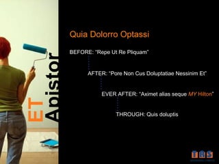 Quia Dolorro Optassi
          BEFORE: “Repe Ut Re Pliquam”
Apistor
              ……
                AFTER: “Pore Non Cus Doluptatiae Nessinim Et”



                   ……
                     EVER AFTER: “Aximet alias seque MY Hilton”



                        ……
ET


                          THROUGH: Quis doluptis
 