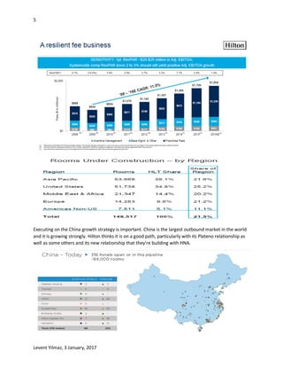 5
Levent Yilmaz, 3 January, 2017
Executing on the China growth strategy is important. China is the largest outbound market in the world
and it is growing strongly. Hilton thinks it is on a good path, particularly with its Plateno relationship as
well as some others and its new relationship that they're building with HNA.
 
