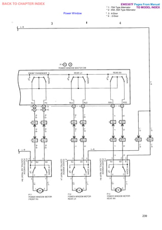 * 1 : 70A Type Alternator
* 2 : 45A, 55A Type Alternator
Power Window * 3 : 4-Door
* 4 : 2-Door
239
Pages From Manual
TO MODEL INDEX
BACK TO CHAPTER INDEX EWD307F
 