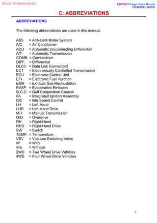 C: ABBREVIATIONS
ABBREVIATIONS
The following abbreviations are used in this manual.
ABS = Anti-Lock Brake System
A/C = Air Conditioner
ADD = Automatic Disconnecting Differential
A/T = Automatic Transmission
COMB. = Combination
DIFF. = Differential
DLC3 = Data Link Connector3
ECT = Electronically Controlled Transmission
ECU = Electronic Control Unit
EFI = Electronic Fuel Injection
EGR = Exhaust Gas Recirculation
EVAP = Evaporative Emission
G.C.C. = Gulf Cooperation Council
IIA = Integrated Ignition Assembly
ISC = Idle Speed Control
LH = Left-Hand
LHD = Left-Hand Drive
M/T = Manual Transmission
O/D = Overdrive
RH = Right-Hand
RHD = Right-Hand Drive
SW = Switch
TEMP. = Temperature
VSV = Vacuum Switching Valve
w/ = With
w/o = Without
2WD = Two Wheel Drive Vehicles
4WD = Four Wheel Drive Vehicles
7
Pages From Manual
TO MODEL INDEX
BACK TO MAIN INDEX EWD307F
 