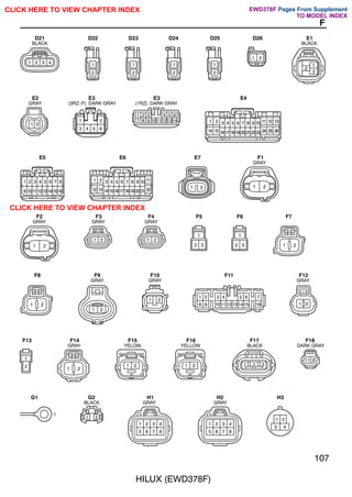 HILUX (EWD378F)
107
F
1
2
1
2
1
2
1
2
1 2
1
3
2
1 2
6
4
3
2
1
7 8 9 101112 14
5
13
1 2
3 4 5 6
1 2 3 4 5 6 7 8 9 10 11 12 13
14 15 16171819 20212223 24 25 26
1 2 3 4 5 6 7 8
9 10111213141516
1 2 3 4 5 6 7 8 9 10 11
12 13 141516171819 2021 22
1 2
1 2
1 2 1 2
1
2 3
1
2 3 1 2
1 2
2
1
1 2
2
1 3 4 5 6 7
8 9 101112131415 16 1 2
1
2 1 2
1 2 1 2 1 2 3
2
1
1 2 3 4
1
1 2
1 2 3 4
5 6 7 8
1 2 3 4
5 6 7 8
1 2
BLACK
GRAY (1RZ) DARK GRAY
(3RZ-F) DARK GRAY
GRAY
GRAY GRAY GRAY
GRAY GRAY GRAY
GRAY YELOW
D22 D23 D24 D25 D26 E1
E2 E3
E3 E4
E5 E6 F1
F2 F3 F4 F5 F6 F7
F8 F9 F10 F11 F12
F13 F14 F15
YELLOW BLACK DARK GRAY
F16 F17 F18
BLACK
D21
BLACK
G1 G2
GRAY GRAY
H1 H2
E7
1 2
3 4
H3
CLICK HERE TO VIEW CHAPTER INDEX Pages From Supplement
CLICK HERE TO VIEW CHAPTER INDEX
TO MODEL INDEX
EWD378F
 