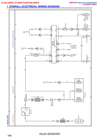 HILUX (EWD378F)
164
I OVERALL ELECTRICAL WIRING DIAGRAM
;;;;;;;;;;
;;;;;;;;;;
;;;;;;;;;;
;;;;;;;;;;
;;;;;;;;;;
1
2
3
4
6
HILUX
(
LHD
)
2
30A
AM2
2
7
I
G
2
ST2
AM2
6
1H
6
10A
IGN
1D
1
5
I
J
3
1
2
4
2
I
J
1
B
B
B
B
P
o
w
e
r
S
o
u
rc
e
C
a
rb
u
re
to
r
FUEL CUT
SOLENOID
OUTER VENT
CONTROL VALVE
CHOKE
HEATER
C
2
CARBURETOR
BATTERY
W
B–W
B–W
B–W
B–W
Y–B
B–W
B–W
Y–B
B–W
W–R
W–R
B–R
B–R
B–W
J
9
JUNCTION
CONNECTOR
J
3
JUNCTION
CONNECTOR
I17
IGNITION
SW
From Alternator
<1–4>
7
B
3
A
4
B
1
A
2
1
3
IJ1
5
I
J
1
1
1
I
J
5
3
B
1
2
B
6
A
14
B
5
A
2
B
4
A
1
B
2
A
13
B
11
B
9
B
Cylinder
block
right
side
ED
Intake
manifold
IG
Cowl
side
panel
LH
II
Cowl
side
panel
RH
2
1
2
I
J
5
1
I
J
1
EO
SPD
TAC
IGV
IGB
TP
B–R
B–W
B–W
B–W B–R
B–R
B–R
L–Y
L–B L–B
L–Y
(1RZ)
(3RZ–F)
(3RZ–F)
(1RZ)
V 9
VSV(Throttle Position Control)
To A/C Amplifier
<26–4>
BR
BR
G–O G–O
B
B–L
L
G–R
L
W–B
W–B
W–B
W–B
W–B
From IIA(1RZ)
<4–1><4–2>
From Igniter
(3RZ–F)<4–4>
From Speed Sensor
[Comb. Meter]
<25–2>
V
2
VACUUM
SW
E
m
is
s
io
n
C
o
n
tro
l(G
e
n
e
ra
l)
To A/C Amplifier
<26–4> (3RZ–F)
(3RZ–F)
(1RZ)
(3RZ–F)
(1RZ)
BR
(1RZ)
A
A
A
A
A
J
7
JUNCTION
CONNECTOR
J23
JUNCTION
CONNECTOR
J15
JUNCTION
CONNECTOR
EE
AC1
ACT
AUX
VSW2
1
2
E
3
,
EMISSION
CONTROL
ECU
A
B
CLICK HERE TO VIEW CHAPTER INDEX Pages From Supplement
TO MODEL INDEX
EWD378F
 