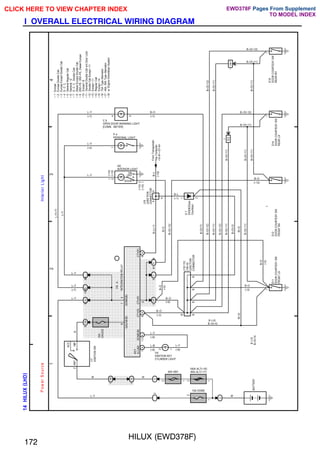 HILUX (EWD378F)
172
I OVERALL ELECTRICAL WIRING DIAGRAM
;;;;;;;;;;
;;;;;;;;;;
;;;;;;;;;;
;;;;;;;;;;
;;;;;;;;;;
;;;;;;;;;;
;;;;;;;;;;
;;;;;;;;;;
;;;;;;;;;;
;;;;;;;;;;
;;;;;;;;;;
;;;;;;;;;;
;;;;;;;;;;
;;;;;;;;;;
;;;;;;;;;;
;;;;
;;;;
;;;;
;;;;
;;;;
;;;;
;;;;
;;;;
;;;;
;;;;
;;;;
;;;;;;
;;;;;;
;;;;;;
;;;;
;;;;
;;;;
;;;;
;;;;
;;;;
;;;;
;;;;
;;;;
;;;;
;;;;
;;;;
;;;;
;;;;
;;;;
;;;;
;;;;
;;;;
;;;;
;;;;
;;;;
;;;;
;;;;
;;;;
1
2
3
4
14
HILUX
(
LHD
)
2
15A DOME
100A ALT(∗16)
80A ALT(∗17)
40A AM1
2
2
1I
1
1H
1
2
ACC
IG1
AM1
4
1H
5
10A
GAUGE
1J
12
1D
10
1K
2
6
1
2
1
A
1
2
A
1
2
5
A
1F
1
1
A
5
1
K
1
9
A
9
BATTERY
W
J13(∗10)
J16(∗9)
JUNCTION
CONNECTOR
D11
DOOR
COURTESY
SW
FRONT
LH
B–O(∗7)
B–O(∗12)
B–O(∗11)
B–O(∗12)
B–O(∗11)
B–O(∗3)
B(∗2)
B–O(∗11)
B–O
(∗5)
B–O
(∗3)
B(∗2)
B (∗2)
B–O(∗4)
B–O(∗13)
B–O
L–Y
(∗8)
I16
IGNITION KEY
CYLINDER LIGHT
I17
IGNITION
SW
W
W
L–Y
R
B–L(∗1)
L–Y
L–Y
(∗7)
L–Y
B–O
(∗5)
B–O
(∗6)
B–O
(∗3)
L–B
(∗8)
L–Y
(∗8)
P
o
w
e
r
S
o
u
rc
e
In
te
rio
r
L
ig
h
t
2
2
DOOR
OFF
ON
1
5
4
2
1
1
1
1
I
M
1
IC2
1
1
1
(∗14)
(∗15)
(∗14)
(∗15)
L–Y(∗7)
L–Y
L–Y
L–Y
L–Y
(∗7)
C 9
OPEN DOOR WARNING LIGHT
[COMB. METER]
P 4
PERSONAL LIGHT
I20
INTERIOR LIGHT
B–O
(∗7)
(∗13)
B–O
B–O(∗11)
B–O(∗11)
B–O(∗11)
B–O(∗12)
B–O(∗11)
B–O(∗11)
B–O(∗12)
B–O(∗11)
B–O(∗12)
B–O(∗11)
D14
DOOR
COURTESY
SW
REAR
LH
D15
DOOR
COURTESY
SW
REAR
RH
D
7
DIODE(Door
Courtesy)
∗
1
:
Europe
∗
2
:
Europe
Double
Cab
∗
3
:
Europe
Except
Double
Cab
∗
4
:
G.
C.
C.
∗
5
:
General
Regular
Cab
∗
6
:
General,
∗2
∗
7
:
G.
C.
C.
Double
Cab
∗
8
:
Diesel
Europe
Double
Cab
∗
9
:
2RZ–FE,
3RZ–FE,
Diesel
Europe
∗10
:
Except
∗9
∗11
:
General
Double
Cab
w/o
Door
Lock
∗12
:
Double
Cab
Except
∗11
∗13
:
Except
∗11
∗14
:
Regular
Cab
∗15
:
Except
∗14
∗16
:
70A
Type
Alternator
∗17
:
45A,
55A
Type
Alternator
1
1
1
2
2
2
B
B
B
B
B
GAUGE(B)
DOME(B)
KEY
ILLUMI.
DOME(B)
CTY(D)
CTY(P)
CTY(P)
1
1
D12
DOOR
COURTESY
SW
FRONT
RH
B
(∗2)
B–O(∗4)
I18
INTEGRATION
RELAY
A
(∗4)
∗18
:
w/
Engine
Immobiliser
System
A
A
A
B–L
(∗1)
From
Transponder
Key
Computer
<
5–8>
<
27–6>
B–L
(∗18)
J18
JUNCTION
CONNECTOR
CLICK HERE TO VIEW CHAPTER INDEX Pages From Supplement
TO MODEL INDEX
EWD378F
 