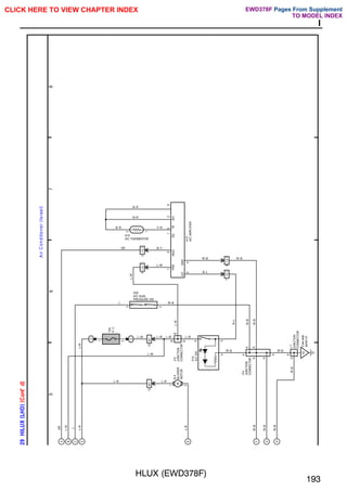 HLUX (EWD378F)
193
I
5
6
7
8
29
HILUX
(
LHD
)
(
Cont'
d
)
A
B
C
D
E
F
G
H
A
ir
C
o
n
d
itio
n
e
r
(Is
ra
e
l)
12
IA1
L–B
L–R
L
L–W
GR
L–R
L–R
2
2
1
2
10
IA1
L–W L–W L–W
IG
Cowl
side
panel
LH
4
5
6
7
I
G
1
8
I
G
1
L–W
B–L
W–B
W–B W–B
L–W
B
A
A
A
B
A
B
A
1
9
1
0
2
6
4
5
J
7
JUNCTION
CONNECTOR
A13
A/C
AMPLIFIER
J12
JUNCTION
CONNECTOR
A14
A/C
SW
PRS
MGC
SG
TE
B/V
A/C
GND
5
I
G
1
2
3
A
A
W–B
W–B
W–B
W–B
J14
JUNCTION
CONNECTOR
B–L
W–B
W–B
W–B
2
I
G
1
B–Y
Y–R
B–R
B–R
GR
A30
A/C DUAL
PRESSURE SW
L–W
1
2
A15
A/C THERMISTOR
L W–B
L–W
L–R
L–W
2
1
M
B
4
BLOWER
MOTOR
B–R
A
10A
A.
C
CLICK HERE TO VIEW CHAPTER INDEX Pages From Supplement
TO MODEL INDEX
EWD378F
 