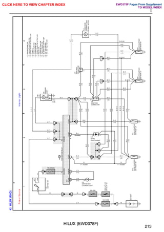 HILUX (EWD378F)
213
I
;;;;
;;;;
;;;;
;;;;
;;;;
;;;;
;;;;
;;;;
;;;;
;;;;
;;;;
;;;;
;;;;
;;;;;
;;;;;
;;;;;
;;;;;
;;;;;
;;;;;
;;;;;
;;;;;
;;;;;
;;;;;
;;;;;;;;;;
;;;;;;;;;;
;;;;;;;;;;
;;;;;;;;;;
;;;;;;;;;;
;;;;;
;;;;;
;;;;;
;;;;;
;;;;;
;;;;;
;;;;;
;;;;;
;;;;;
;;;;;
;;;;;
;;;
;;;
;;;
;;;
;;;
;;;
;;;
;;;
;;;
;;;
;;;
;;;
;;;
;;;
;;;
;;;
;;;
;;;
;;;
;;;
;;;
;;;
;;;
;;;
;;;
;;;
;;;
;;;
;;;
1
2
3
4
43
HILUX
(
RHD
)
2
15A DOME
100A
ALT(∗12)
80A
ALT(∗13)
40A AM1
2
2
1I
1
1H
1
2
ACC
IG1
AM1
4
1H
5
10A GAUGE
1J
12
1D
10
1K
2
1
A
1
2
12
A
1
3B
3
3B
1
3B
4
3
B
2
1A
5
2
1
5
A
9
A
1
12
6
2
2
2
9
BATTERY
D12
DOOR
COURTESY
SW
FRONT
RH
D11
DOOR
COURTESY
SW
FRONT
LH
D 7
DIODE
(Door Courtesy)
I16
IGNITION KEY
CYLINDER LIGHT
W
B
(∗1, Europe)
B–O
(∗4)
B–O
(∗2)
B–O
(∗2)
B
(∗1)
B–O
(∗1)
1
1
1
W
L–Y
W
R
L–Y
L–Y
(∗1)
L–Y
L–B
(∗11)
L–Y
(∗11)
B–O
B
(∗1, Europe)
(∗2)
B–L
B–O
(∗4)
INTEGRATION
RELAY
I17
IGNITION
SW
P
o
w
e
r
S
o
u
rc
e
In
te
rio
r
L
ig
h
t
1F
1
1K
1
2
2
DOOR
OFF
ON
1
1
B
B
B
B
1
1
1
I
L
1
1
I
A
2
∗
1
:
Australia
Double
Cab
∗
2
:
Australia
Except
Double
Cab
∗
3
:
General
Double
Cab
w/o
Door
Lock
∗
4
:
Except
∗3
∗
5
:
General
Double
Cab
∗
6
:
Europe
Double
Cab
∗
7
:
General
Double
Cab
w/
Door
Lock
∗
8
:
Regular
Cab
∗
9
:
Double
Cab,
Extra
Cab
L–Y(∗1)
L–Y
I20
INTERIOR
LIGHT
B–O
C
C
C
(∗8)
(∗9)
(∗8)
(∗9)
L–Y
(∗1)
B–O
(∗6)
B–O
(∗6)
J10
JUNCTION
CONNECTOR
C
9
OPEN
DOOR
WARNING
LIGHT
[COMB.
METER]
J 6
JUNCTION
CONNECTOR
D14
DOOR
COURTESY
SW
REAR
LH
D15
DOOR
COURTESY
SW
REAR
RH
B–O
(∗1)
B–O
B–O
B–O(∗1)
B–O(∗3)
B–O(∗5)
B–O
(∗3)
(∗1)
(∗1)
B–O
(∗7)
B–O
(∗5)
B–O
(∗7)
B–O
(∗3)
B–O(∗3)
B–O
(∗1)
B–O(∗3)
B–O
(∗6)
B–O
(∗3)
B–O
(∗1)
B–O
(∗7)
B–O(∗6)
B–O
(∗1)
B–O
B–O
B–O
(∗7)
(∗3)
(∗3)
5
4
GAUGE(B)
DOME(B)
KEY
ILLUMI.
DOME(B)
CTY(D)
CTY(P)
CTY(P)
B–O
(∗5)
B–O
(∗10)
(Australia)
I18
A
∗10
:
General
Regular
Cab
B–O
(∗10)
∗11
:
w/
Ignition
Key
Cylinder
Light
∗12
:
70A
Type
Alternator
∗13
:
45A,
55A
Type
Alternator
CLICK HERE TO VIEW CHAPTER INDEX Pages From Supplement
TO MODEL INDEX
EWD378F
 