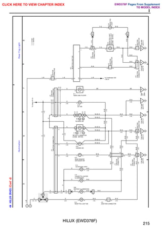 HILUX (EWD378F)
215
I
;;;;;
;;;;;
;;;;;
;;;;;
;;;;;
5
6
7
8
44
HILUX
(
RHD
)
(
Cont'
d
)
A
B
1J
6
1A
6
8
2
4
1
9
8
1
3
15
A
4
C
IK
Cowl
side
panel
RH
IH
Cowl
side
panel
LH
II
Cowl
side
panel
LH
IM
Right
kick
panel
IL
Cowl
side
panel
RH
7
A
A
A
B
B
E
A
E
A
A
A
A
A
10
A
A
A
METER ILLUMINATION
[COMB. METER]
R 3
REAR FOG LIGHT SW
R 4
REAR WINDOW
DEFOGGER SW
H10
HAZARD SW
A14
A/C SW
R 1
RADIO AND PLAYER
J
9
JUNCTION
CONNECTOR
J15
JUNCTION
CONNECTOR
J
3
JUNCTION
CONNECTOR
J
8
JUNCTION
CONNECTOR
J
6
JUNCTION
CONNECTOR
L–B
G
(∗2, ∗3)
W–B
(∗2)
W–B
(∗2)
W–B
W–B
(∗2)
W–B
W–B
(∗3)
W–B
(∗2)
G
G
G
G
G
G
G
(∗2)
W–B(∗3)
W–B(∗2)
W–B(∗3)
W–B(∗2)
W–B
(∗2)
W–B
(∗2)
W–B
W–B
(∗2)
W–B
(∗2)
W–B
(∗2)
W–B(∗3) W–B
(∗3)
W–B
(∗3)
W–B
(∗3)
BR
BR
IK
Cowl
side
panel
RH
IH
Cowl
side
panel
LH
2
1
BA1
10
BA1
5
C
5
7
1
B
10
E
C
3
B
6
E
A
A
B
A
R
9
REAR
FOG
LIGHT
J
6
JUNCTION
CONNECTOR
C10
REAR
FOG
LIGHT
INDICATOR
LIGHT
[COMB.
METER]
J13
JUNCTION
CONNECTOR
J15
JUNCTION
CONNECTOR
J
3
JUNCTION
CONNECTOR
J10
JUNCTION
CONNECTOR
To Combination SW
<38–4>
R
3
REAR
FOG
LIGHT
SW
L–B L–B
Y–G
W–B
L–W
W–B W–B
W–B
W–B
W–B
Y–G
Y–G
Y–G
W–B
W–B
Illu
m
in
a
tio
n
R
e
a
r
F
o
g
L
ig
h
t
(∗2)
B
G
To
Clock<
47–2>
4
B
(∗3)
5
A
(∗2)
4
A
(∗2)
3
B
(∗3)
BLOWER SW
W–B(∗2)
W–B
(∗2)
(∗2)
(∗2)
B
LH
E
L
∗
2
:
Europe
∗
3
:
General
W–B
(∗3)
C
C 9 C11
A ,
B
B 6 A ,
A
W–B
B
A
G
B
A
A
A
A
(∗3)
(∗2)
(∗2)
(∗3)
(∗3)
5
1D
G
(∗2)
G
G
(∗3)
(∗2)
(∗2)
1
I
G
1
1
2
1
2
2
1
2
I
G
1
J13
JUNCTION CONNECTOR
G
W–B
W–B
A
A
A
A
W–B W–B
W–B
W–B
G
G
G
G
G
G
(∗2) (∗2)
(∗3)
(∗2)
(∗2)
A26
ASHTRAY ILLUMINATION
C 6
CIGARETTE LIGHTER
ILLUMINATION
G 2
GLOVE BOX LIGHT
(∗2)
CLICK HERE TO VIEW CHAPTER INDEX Pages From Supplement
TO MODEL INDEX
EWD378F
 