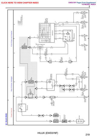 HILUX (EWD378F)
219
I
;;;;;
;;;;;
;;;;;
;;;;;;;;;;;;;;
;;;;;;;;;;;;;;
;;;;;;;;;;;;;;
;;;;;;;;;;;;;;
;;;;;;;;;;;;;;
;;;;;;;;;;;;;;
;;;;;;;;;;;;;;
;;;;;;;;;;;;;;
;;;;;;;;;;;;;;
;;;;;;;;;;;;;;
;;;;;;;;;;;;;;
;;;;;;;;;;;;;;
;;;;;;;;;;;;;;
;;;;;;;;;;;;;;
;;;;;;;;;;;;;;
;;;;;;;;;;;;;;
;;;;;;;;;;;;;;
;;;;;;;;;;;;;;
;;;;;;;;;;;;;;
;;;;;;;;;;;;;;
;;;;;;;;;;;;;;
;;;;;;;;;;;;;;
;;;;;;;;;;;;;;
;;;;;;;;;;;;;;
;;;;;;;;;;;;;;
;;;;;;;;;;;;;;
;;;;;;;;;;;;;;
;;;;;;;;;;;;;;
;;;;;;;;;;;;;;
;;;;;;;;;;;;;;
;;;;;;;;;;;;;;
;;;;;;;;;;;;;;
;;;;;;;;;;;;;;
;;;;;;;;;;;;;;
;;;;;;;;;;;;;;
;;;;;;;;;;;;;;
;;;;;;;;;;;;;;
;;;;;;;;;;;;;;
;;;;;;;;;;;;;;
;;;;;;;;;;;;;;
;;;;;;;;;;;;;;
;;;;;;;;;;;;;;
;;;;;;;;;;;;;;
;;;;
;;;;
;;;;
;;;;
;;;;
;;;;
;;;;;
;;;;;
;;;;;
;;;;;
;;;;;
;;;;;
1
2
3
4
48
HILUX
(
RHD
)
2
100A
ALT(∗4)
80A
ALT(∗5)
40A AM1
2
2
1H
1
1I
1
2
ACC
IG1
AM1
4
3
4
1
2
1I
2
1
H
5
10A
GAUGE
1B
12
1A
8
1
B
5
1
I
H
1
1
A
1
B
IK
Cowl
side
panel
RH
IH
Cowl
side
panel
LH
BN
Left
side
rear
pillar
3D
14
3E
11
3F
9
3D
20
3D
13
3E
21
3F
1
1
1
1
3
A
2
2
2
6
2
A
A
A
A
A
A
15A DEFOG
W
W
P
W
P B
B–Y
R–L
B
W–B
W–B
W–B
(∗1)
(∗1)
(∗1)
B
W–B
(∗1)
B
W–B
(∗2)
W–B
(∗2)
W–B
(∗2)
W–B
(∗1)
W–B
(∗2)
W–B
R
R
REAR
WINDOW
DEFOGGER
I17
IGNITION
SW
DEFOGGER
RELAY
R
4
REAR
WINDOW
DEFOGGER
SW
J
9
JUNCTION
CONNECTOR
J15
JUNCTION
CONNECTOR
J
3
JUNCTION
CONNECTOR
BATTERY
20A
WIPER
1E
5
1
A
4
+B
+S
+1
+2
INT1
INT2
WF
EW
OFF
INT
LOW/
MIST
HIGH
WASHER
IJ1
1
6
I
J
2
IJ2
8
IJ1
4
1
2
M
12
16
3
2
1
7
8
2
11
8
7
D
A
D
D
A
A
1
7
11
A
A
IH
Cowl
side
panel
LH
IK
Cowl
side
panel
RH
II
Cowl
side
panel
LH
IL
Cowl
side
panel
RH
B
B
B
(∗1,
∗2)
(∗3)
(∗1,
∗2)
(∗3)
W
1
WASHER
MOTOR
J
3
JUNCTION
CONNECTOR
J15
JUNCTION
CONNECTOR
C12
WIPER
AND
WASHER
SW
[COMB.
SW]
J12
JUNCTION
CONNECTOR
J 7
JUNCTION CONNECTOR
(∗2)
(∗3)
(∗3)
(∗2)
(∗2)
(∗1,
∗3)
(∗1,
∗3)
(∗2)
WIPER
RELAY
LG
LG
(∗2, ∗3)
LG
(∗1)
LG
LG
(∗1)
LG
(∗2, ∗3)
L–R
L–W
L–B
L–Y
L–R
W–B
W–B
(∗3)
(∗1, ∗2)
W–B
W–B
(∗1, ∗2)
(∗1, ∗2)
W–B
W–B
(∗3)
(∗3)
LG
(∗1)
LG
(∗2,
∗3)
L–R
∗
1
:
Australia
∗
2
:
Europe
∗
3
:
General
P
o
w
e
r
S
o
u
rc
e
R
e
a
r
W
in
d
o
w
D
e
fo
g
g
e
r
F
ro
n
t
W
ip
e
r
a
n
d
W
a
s
h
e
r
E
IG
D
M
W
4
WIPER
MOTOR
4
2
1
3
,
R11
R10
A
B
∗
4
:
70A
Type
Alternator
∗
5
:
45A,
55A
Type
Alternator
CLICK HERE TO VIEW CHAPTER INDEX Pages From Supplement
TO MODEL INDEX
EWD378F
 