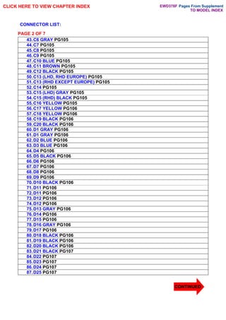 43.C6 GRAY PG105
44.C7 PG105
45.C8 PG105
46.C9 PG105
47.C10 BLUE PG105
48.C11 BROWN PG105
49.C12 BLACK PG105
50.C13 (LHD, RHD EUROPE) PG105
51.C13 (RHD EXCEPT EUROPE) PG105
52.C14 PG105
53.C15 (LHD) GRAY PG105
54.C15 (RHD) BLACK PG105
55.C16 YELLOW PG105
56.C17 YELLOW PG106
57.C18 YELLOW PG106
58.C19 BLACK PG106
59.C20 BLACK PG106
60.D1 GRAY PG106
61.D1 GRAY PG106
62.D2 BLUE PG106
63.D3 BLUE PG106
64.D4 PG106
65.D5 BLACK PG106
66.D6 PG106
67.D7 PG106
68.D8 PG106
69.D9 PG106
70.D10 BLACK PG106
71.D11 PG106
72.D11 PG106
73.D12 PG106
74.D12 PG106
75.D13 GRAY PG106
76.D14 PG106
77.D15 PG106
78.D16 GRAY PG106
79.D17 PG106
80.D18 BLACK PG106
81.D19 BLACK PG106
82.D20 BLACK PG106
83.D21 BLACK PG107
84.D22 PG107
85.D23 PG107
86.D24 PG107
87.D25 PG107
PAGE 2 OF 7
CLICK HERE TO VIEW CHAPTER INDEX
TO MODEL INDEX
Pages From Supplement
EWD378F
CONTINUED
CONNECTOR LIST:
 
