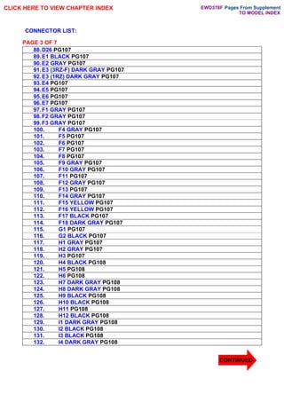 88.D26 PG107
89.E1 BLACK PG107
90.E2 GRAY PG107
91.E3 (3RZ-F) DARK GRAY PG107
92.E3 (1RZ) DARK GRAY PG107
93.E4 PG107
94.E5 PG107
95.E6 PG107
96.E7 PG107
97.F1 GRAY PG107
98.F2 GRAY PG107
99.F3 GRAY PG107
100. F4 GRAY PG107
101. F5 PG107
102. F6 PG107
103. F7 PG107
104. F8 PG107
105. F9 GRAY PG107
106. F10 GRAY PG107
107. F11 PG107
108. F12 GRAY PG107
109. F13 PG107
110. F14 GRAY PG107
111. F15 YELLOW PG107
112. F16 YELLOW PG107
113. F17 BLACK PG107
114. F18 DARK GRAY PG107
115. G1 PG107
116. G2 BLACK PG107
117. H1 GRAY PG107
118. H2 GRAY PG107
119. H3 PG107
120. H4 BLACK PG108
121. H5 PG108
122. H6 PG108
123. H7 DARK GRAY PG108
124. H8 DARK GRAY PG108
125. H9 BLACK PG108
126. H10 BLACK PG108
127. H11 PG108
128. H12 BLACK PG108
129. I1 DARK GRAY PG108
130. I2 BLACK PG108
131. I3 BLACK PG108
132. I4 DARK GRAY PG108
PAGE 3 OF 7
CLICK HERE TO VIEW CHAPTER INDEX
TO MODEL INDEX
Pages From Supplement
EWD378F
CONTINUED
CONNECTOR LIST:
 