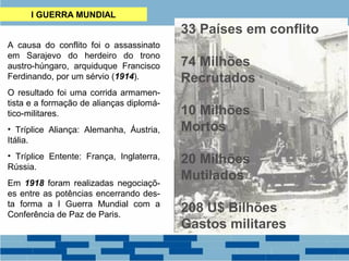 I GUERRA MUNDIAL 
A causa do conflito foi o assassinato 
em Sarajevo do herdeiro do trono 
austro-húngaro, arquiduque Francisco 
Ferdinando, por um sérvio (1914). 
O resultado foi uma corrida armamen-tista 
e a formação de alianças diplomá-tico- 
militares. 
• Tríplice Aliança: Alemanha, Áustria, 
Itália. 
• Tríplice Entente: França, Inglaterra, 
Rússia. 
Em 1918 foram realizadas negociaçõ-es 
entre as potências encerrando des-ta 
forma a I Guerra Mundial com a 
Conferência de Paz de Paris. 
33 Países em conflito 
74 Milhões 
Recrutados 
10 Milhões 
Mortos 
20 Milhões 
Mutilados 
208 U$ Bilhões 
Gastos militares 
 