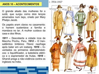 ANOS 10 – ACONTECIMENTOS 
O grande aliado das mulheres foi o 
sutiã, que surgiu como dois lenços 
amarrados num laço, criado por Mary 
Phelps Jacob. 
Os papéis eram claros no casamento: 
o homem sustentava a família e 
mandava no lar. A mulher cuidava da 
casa e dos filhos. 
1911 – Descoberta a cidade inca de 
Macchu Picchu, Peru. 1912 – O tran-satlântico 
britânico Titanic naufraga 
após bater em um iceberg. 1916 – In-ventados 
os primeiros eletrodomésti-cos: 
o liquidificador, a batedeira elétri-ca 
e o espremedor de frutas. 1919 – 
Ghandi prega a não-violência contra os 
ingleses na Índia. 
 