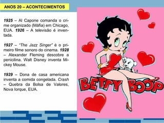 ANOS 20 – ACONTECIMENTOS 
1925 – Al Capone comanda o cri-me 
organizado (Máfia) em Chicago, 
EUA. 1926 – A televisão é inven-tada. 
1927 – “The Jazz Singer” é o pri-meiro 
filme sonoro do cinema. 1928 
– Alexander Fleming descobre a 
penicilina. Walt Disney inventa Mi-ckey 
Mouse. 
1929 – Dona de casa americana 
inventa a comida congelada. Crash 
– Quebra da Bolsa de Valores, 
Nova Iorque, EUA. 
 