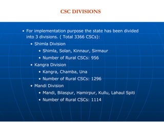 CSC DIVISIONS For implementation purpose the state has been divided into 3 divisions. ( Total 3366 CSCs):  Shimla Division Shimla, Solan, Kinnaur, Sirmaur Number of Rural CSCs: 956  Kangra Division Kangra, Chamba, Una Number of Rural CSCs: 1296 Mandi Division Mandi, Bilaspur, Hamirpur, Kullu, Lahaul Spiti Number of Rural CSCs: 1114 
